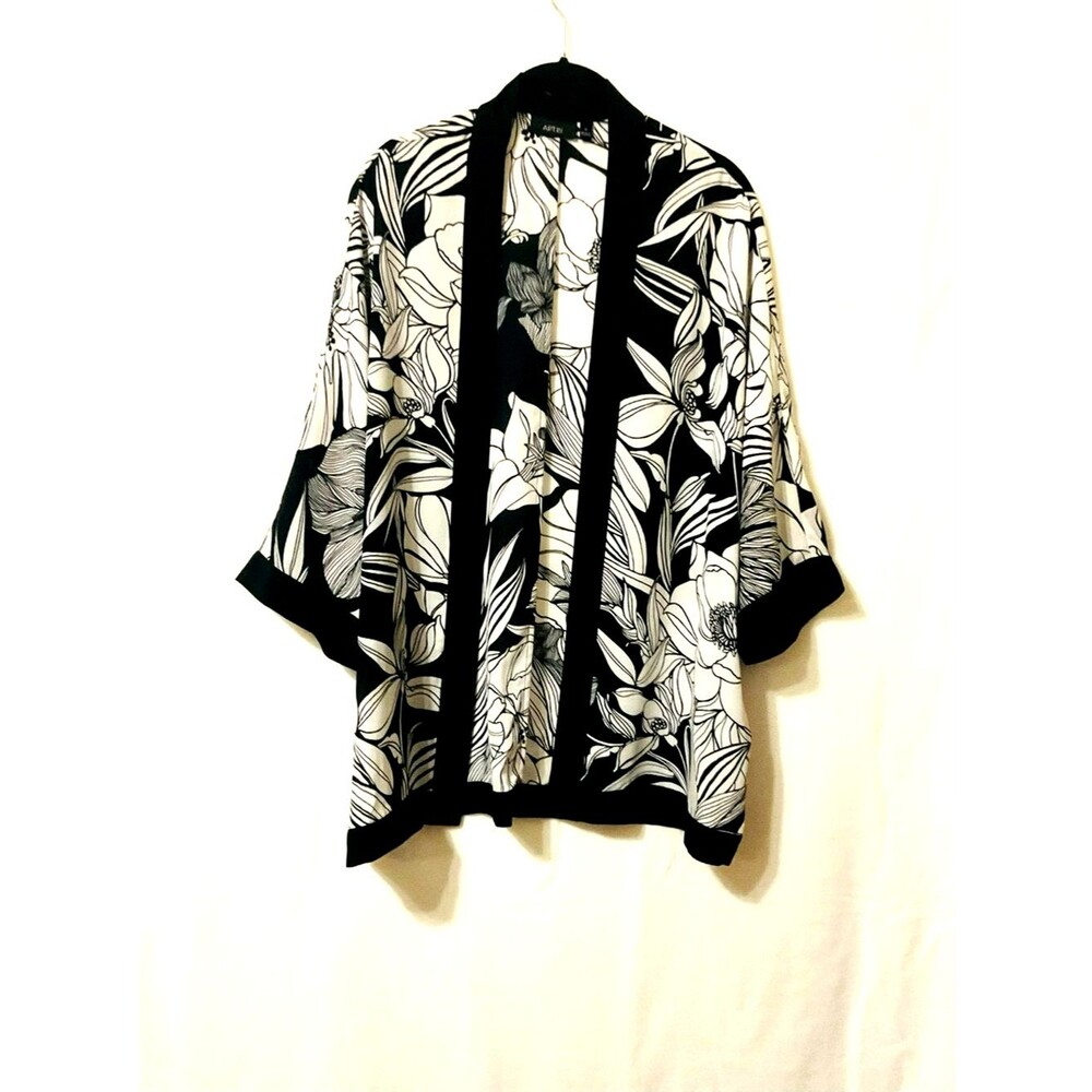 Apt 9 Floral Kimono Cardigan Black White Open Front Resort Duster Medium